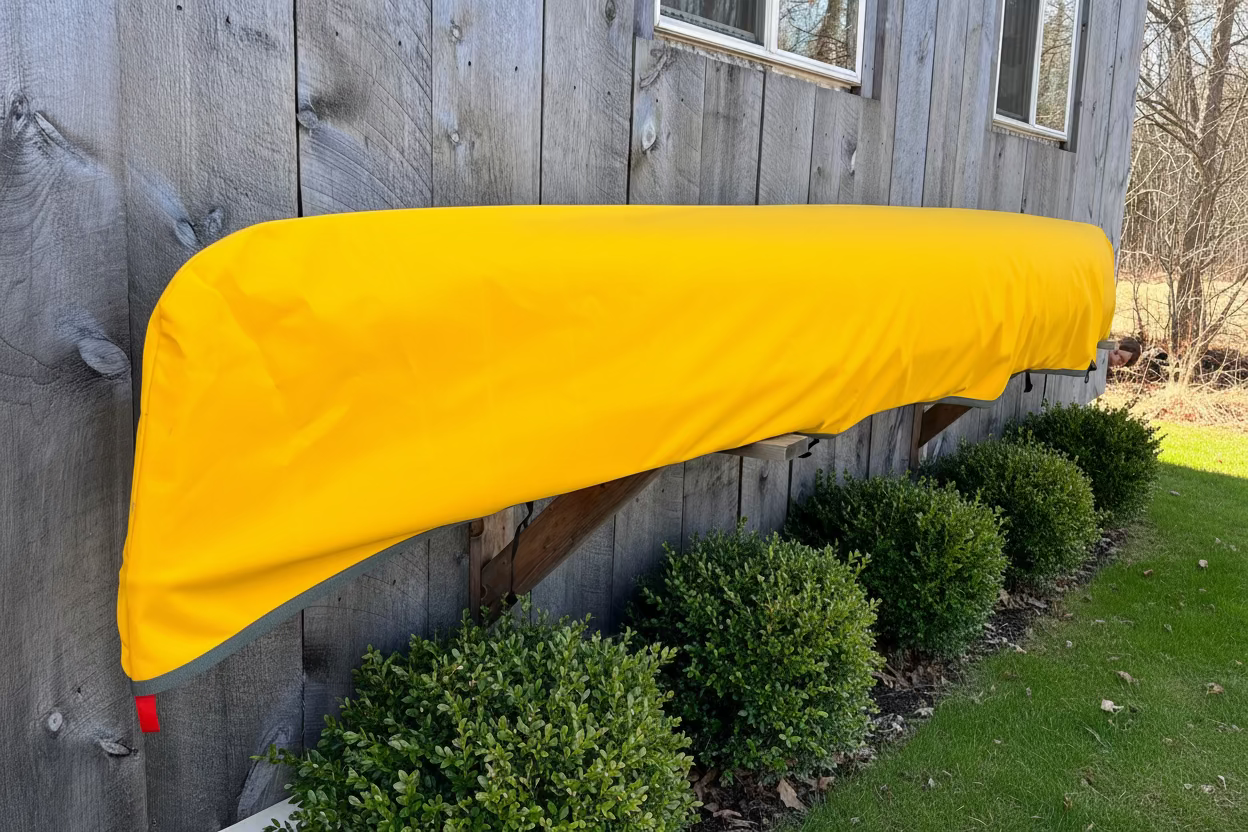 The Canoe Coat covering a canoe on an outdoor storage rack